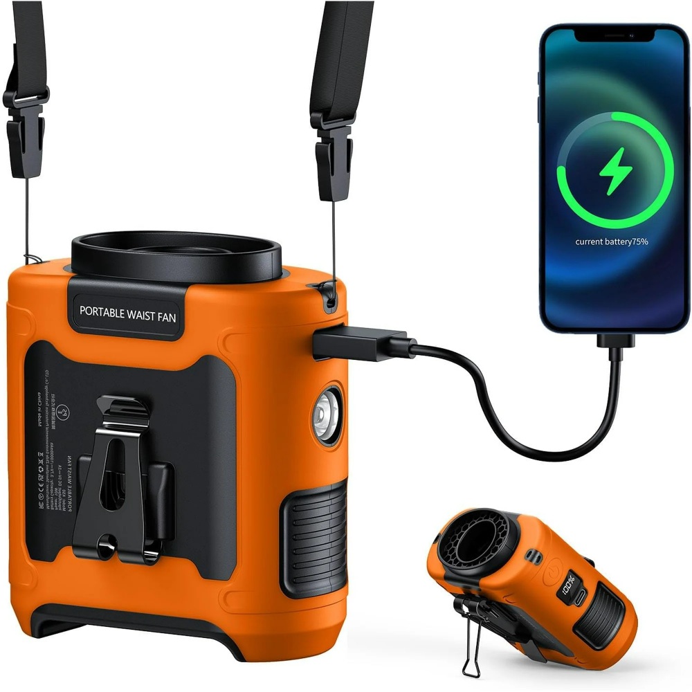 10000mAh Portable Waist Clip on Fan, Neck Desk Hand-Free Wearable Belt Personal Cooling Fan Rechargeable with 5 Speeds Flashlight Last for 40H for Outdoor Camping Office Travel